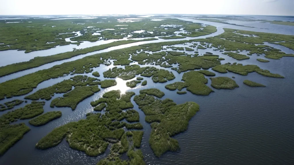 Aerial view of a vast marshland that has been hit hard by coastal erosion.